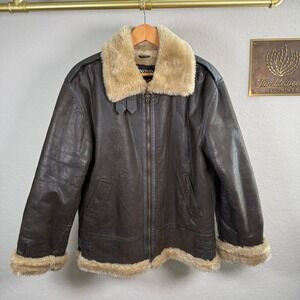 XOXO Womens Genuine Leather Bomber Jacket Brown Faux Fur Trim Aviator M 62051